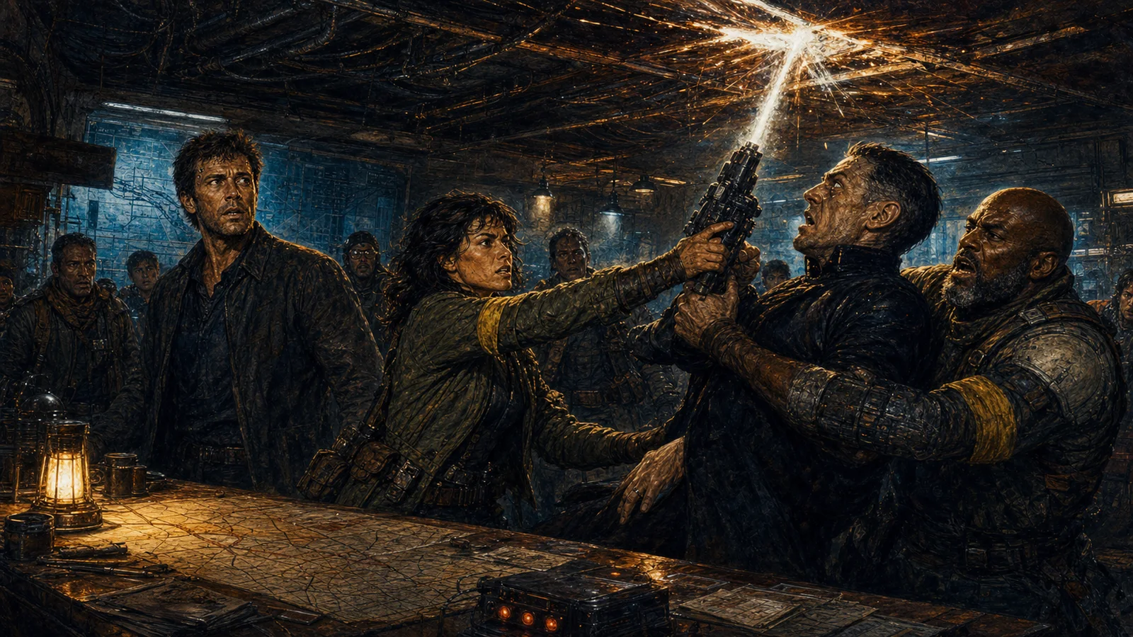 Mara forces Tolan's energy weapon toward the ceiling while Ivo restrains him and Maxwell watches