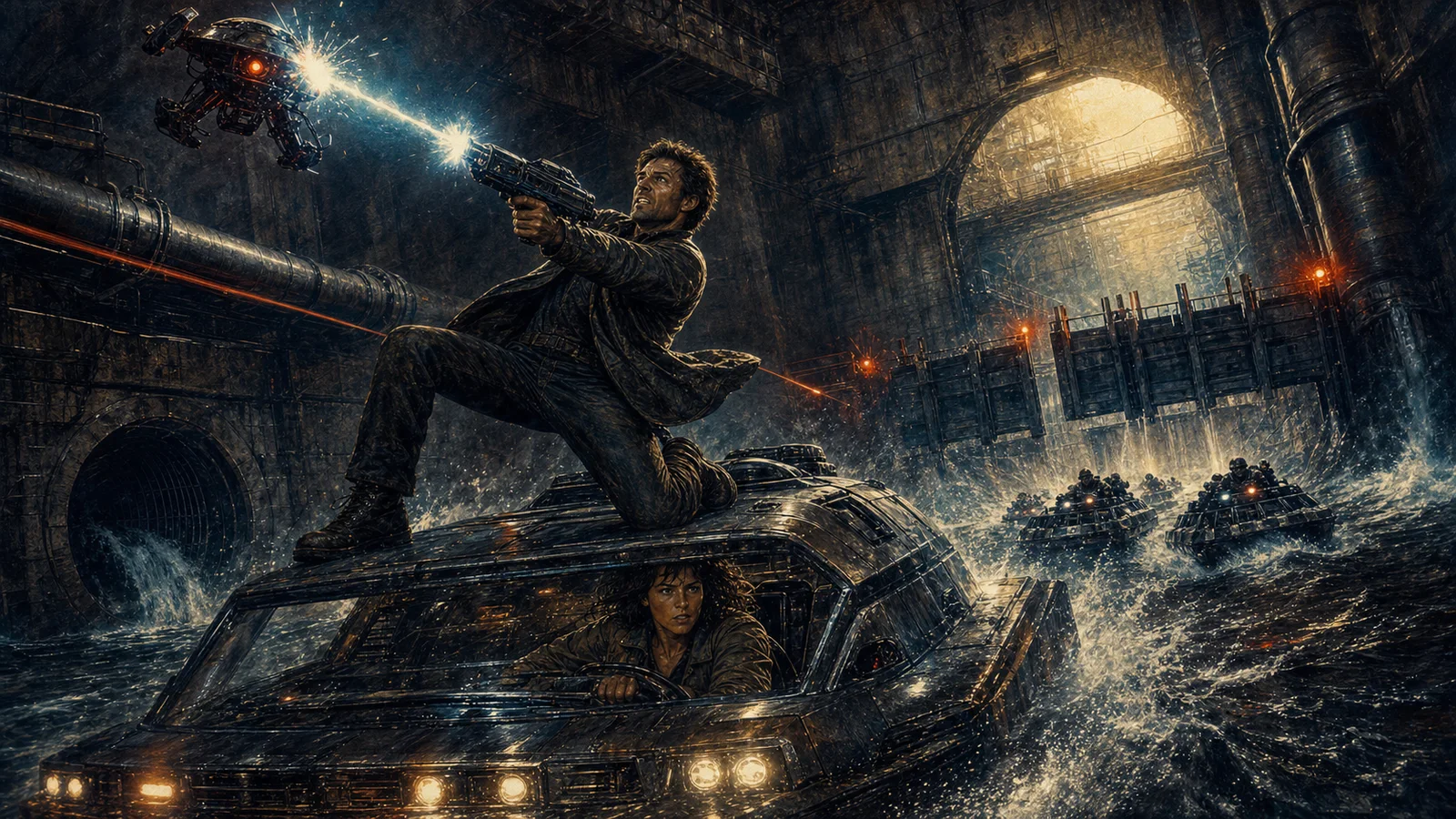 Maxwell fires at a pursuing drone from the roof of the escape vehicle while Mara drives through the flooded wash