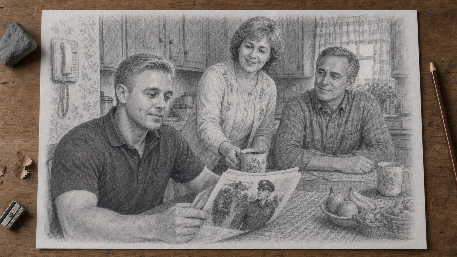 Graphite drawing on a wooden desk of the narrator reading a recruitment advertisement at his parents' kitchen table